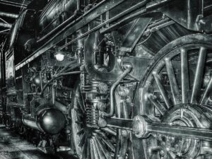 close-up of a steam locomotive engine